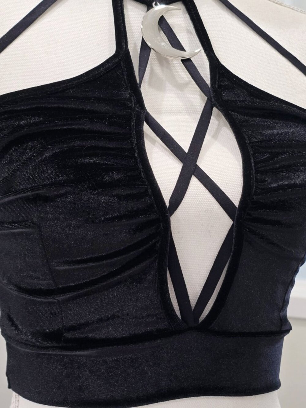 Velvet Halter Crop Top ✦ Gothic Black Strappy Deep‑Plunge ✦ Crescent Moon M NWT - Picture 5 of 10